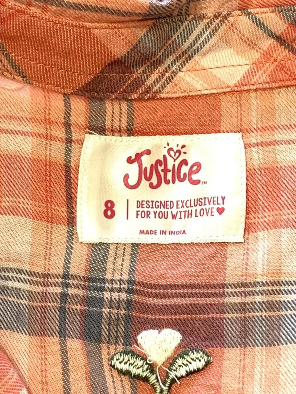 Justice Girls Long Sleeves Plaid Shirt Button Down Embroidered Size 8